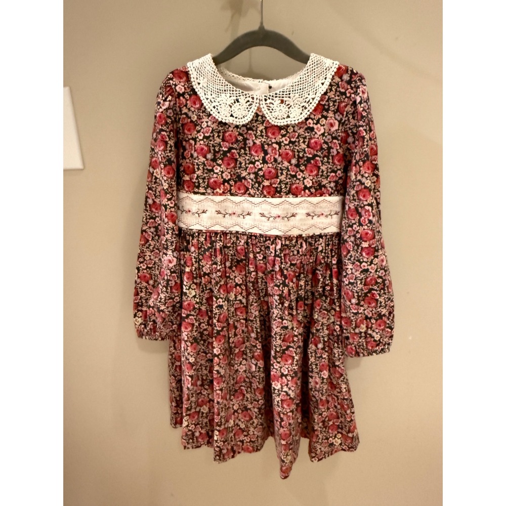 Bonnie Jean Girls Dress Size 6X Floral Print Crochet Collar Lace Waist Belted